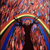 a painting of a tree with a rainbow in the middle
